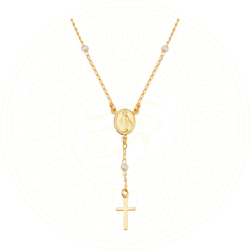 Colar Religioso Terço Feminino em Ouro 24K e Pérolas