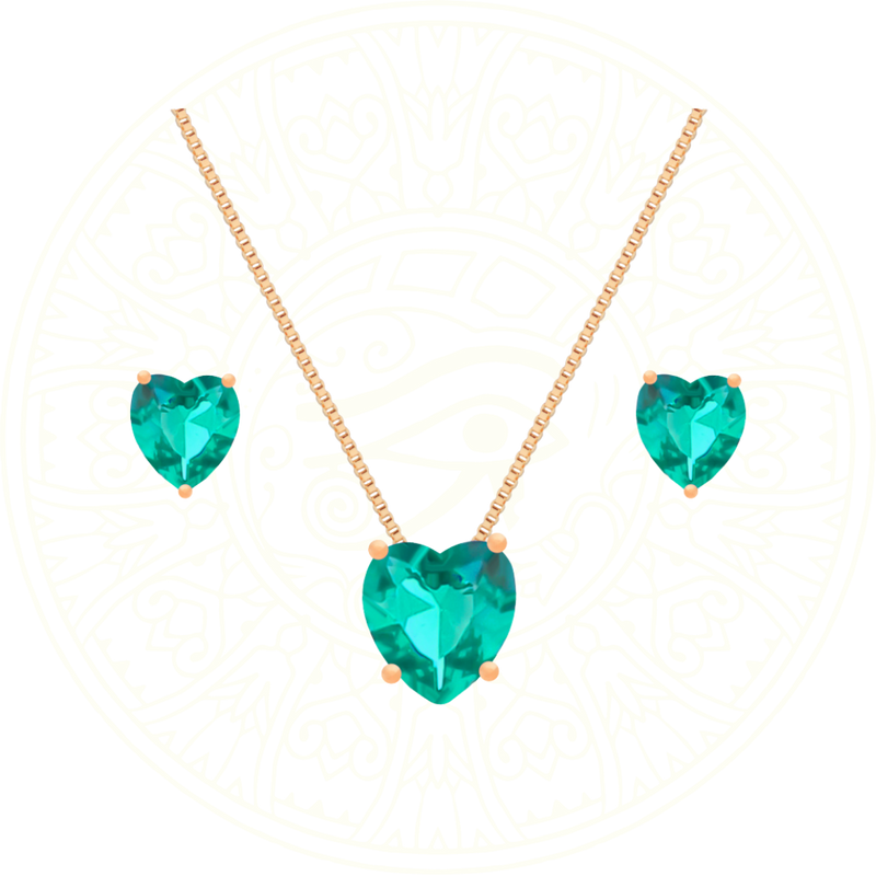 Conjunto Colar e Brinco Banhado em Ouro 24K Coração Verde Zéllora