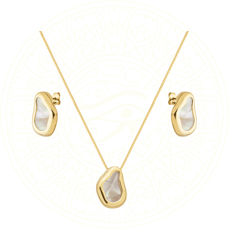 Conjunto Madrepérola Colar e Brincos Banhado em Ouro 24K Zellora