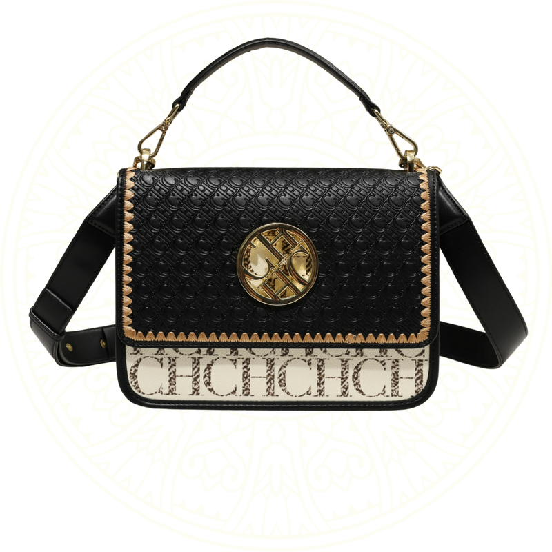 Bolsa feminina elegante estilo box com estampa CH em relevo, material sintético preto estruturado, alça dourada e fecho metálico – Zéllora®.