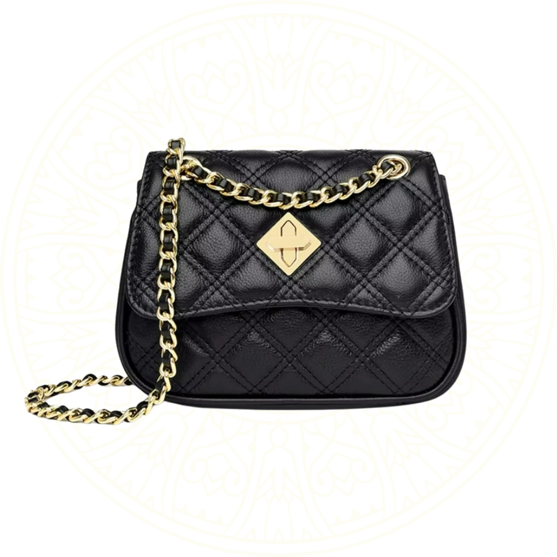 Bolsa tiracolo feminina preta com acabamento matelassê e alça de corrente dourada Zéllora – estilo shoulder bag elegante e compacta