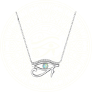 Colar feminino em prata esterlina 925 com pingente do Olho de Hórus, cristal opala ao centro e zircônias laterais, joia elegante da coleção Zéllora Signature