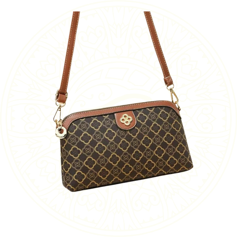Bolsa Amisi Zéllora® estilo concha em couro sintético PU premium na cor marrom com estampa xadrez, alça transversal e detalhes dourados – coleção Zéllora Coutore.

