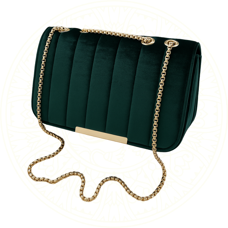 Bolsa Zéllora Ravènne em veludo vermelho néon com alça de corrente dourada, lantejoulas delicadas e design flap elegante da coleção Zéllora Coutore.
