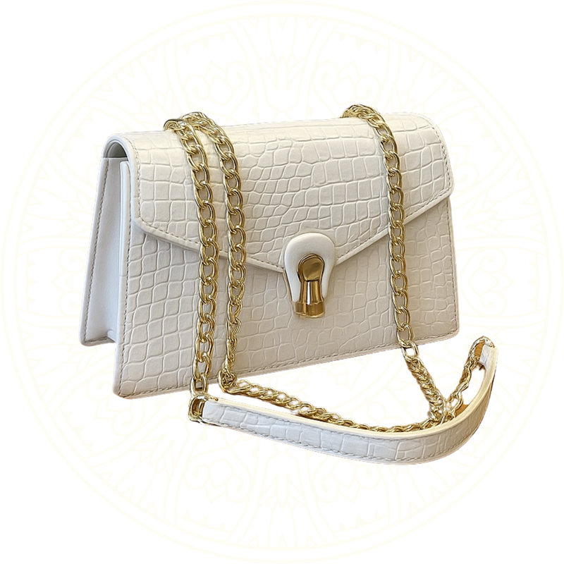 Bolsa feminina Zéllora Caelys em couro sintético PU com textura crocodilo, alça de corrente dourada e design elegante estruturado, ideal para looks versáteis e sofisticados.
