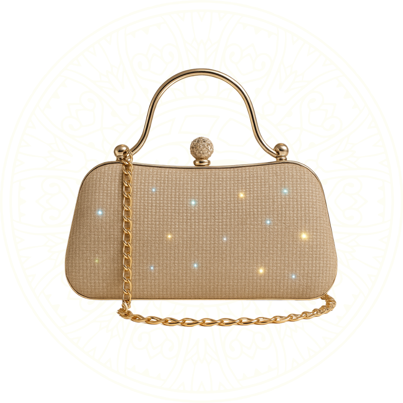 Bolsa Nyxelle Zéllora com abertura estilo concha e alça de corrente dourada, ideal para eventos noturnos, com acabamento elegante em couro sintético.

