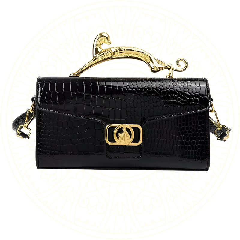 Bolsa feminina Delyss Zéllora com formato retangular moderno, acabamento em TPU, fivela metálica frontal e corrente decorativa, ideal para festas e ocasiões elegantes.

