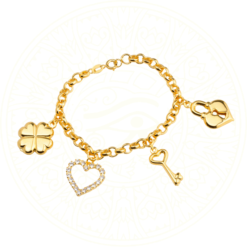 Pulseira em Ouro 24K Elo Português com Coração, Cadeado, Trevo e Chave – Zellora®